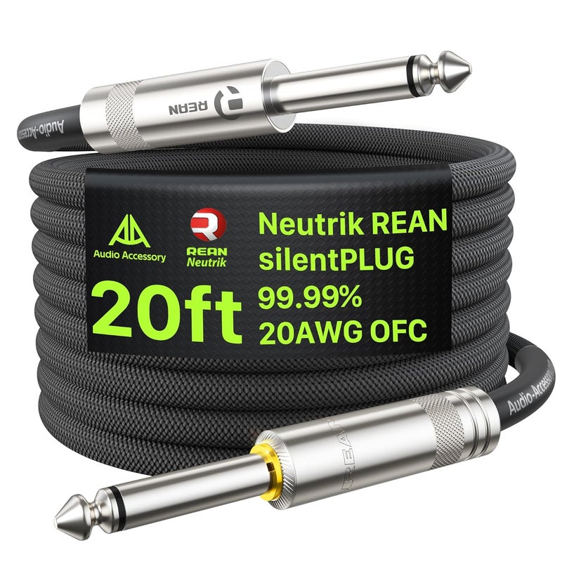 AA AUDIO ACCESSORY Silent Guitar Cable 20 ft, Neutrik REAN silentPLUG, Kevlar-Reinforced Nylon Braided Anti-Kinking, Auto Mute 20 AWG 99.99% OFC 1/4 Instrument Cable, Shielded Amp Cord for Bass Guitar - Image 1